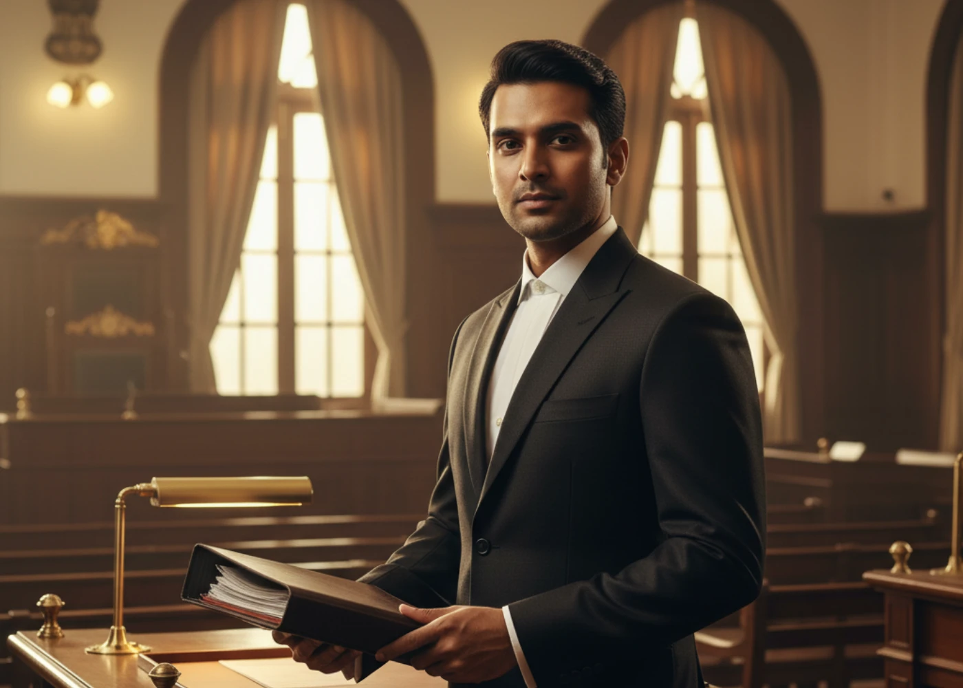 Advocate wearing LHVR bespoke suit during courtroom shoot