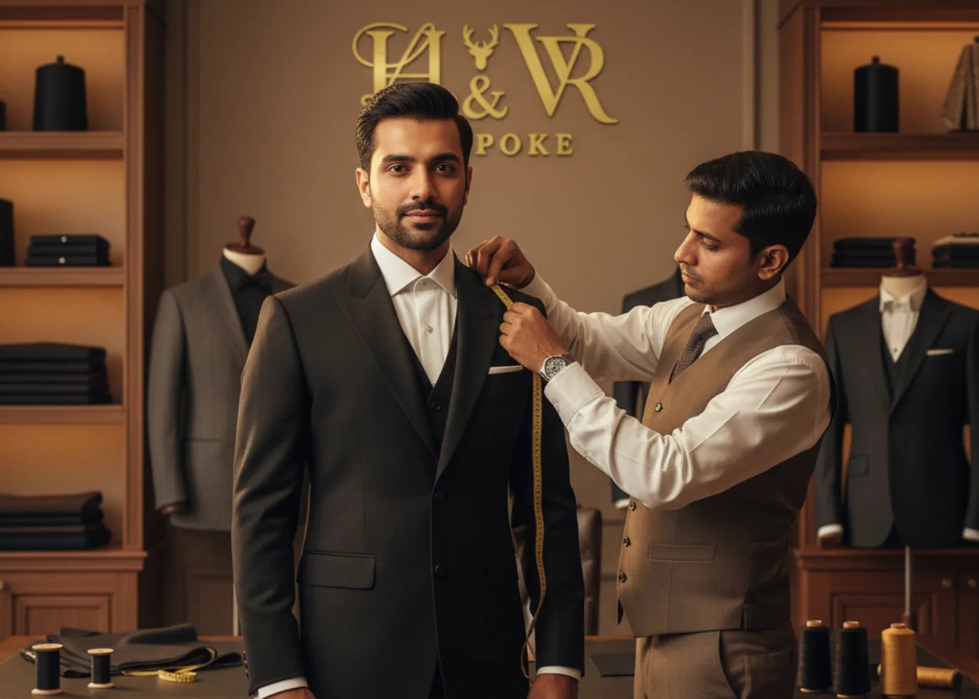 Tailor measuring advocate inside LHVR BESPOKE studio